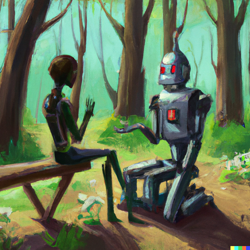 An image generated with AI, with the text: A robot and a human having a conversation in green nature, digital art.